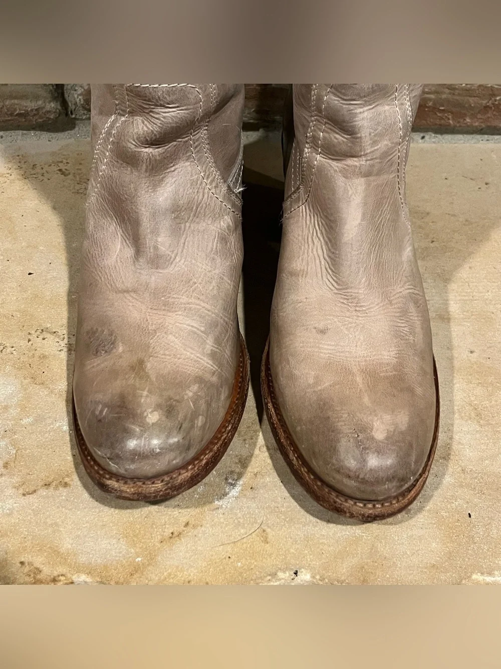 Frye Jane Distressed Fold-Over Cuff Knee Boots in Taupe